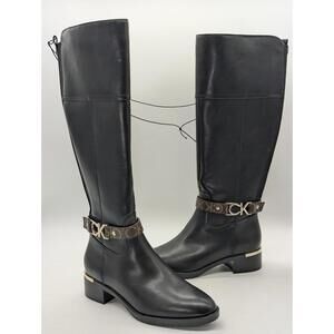 Women's Size 5.5 Calvin Klein Daphny Black Faux Leather Tall Boots CK Logo Strap